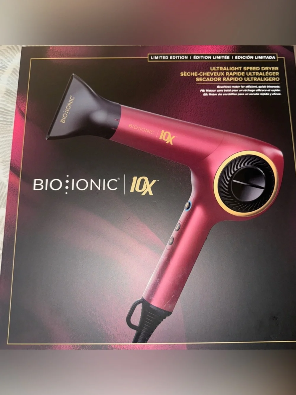 Bio Ionic 10X Limited Edition Metallic Burgundy Hair Dryer with Gold Trim